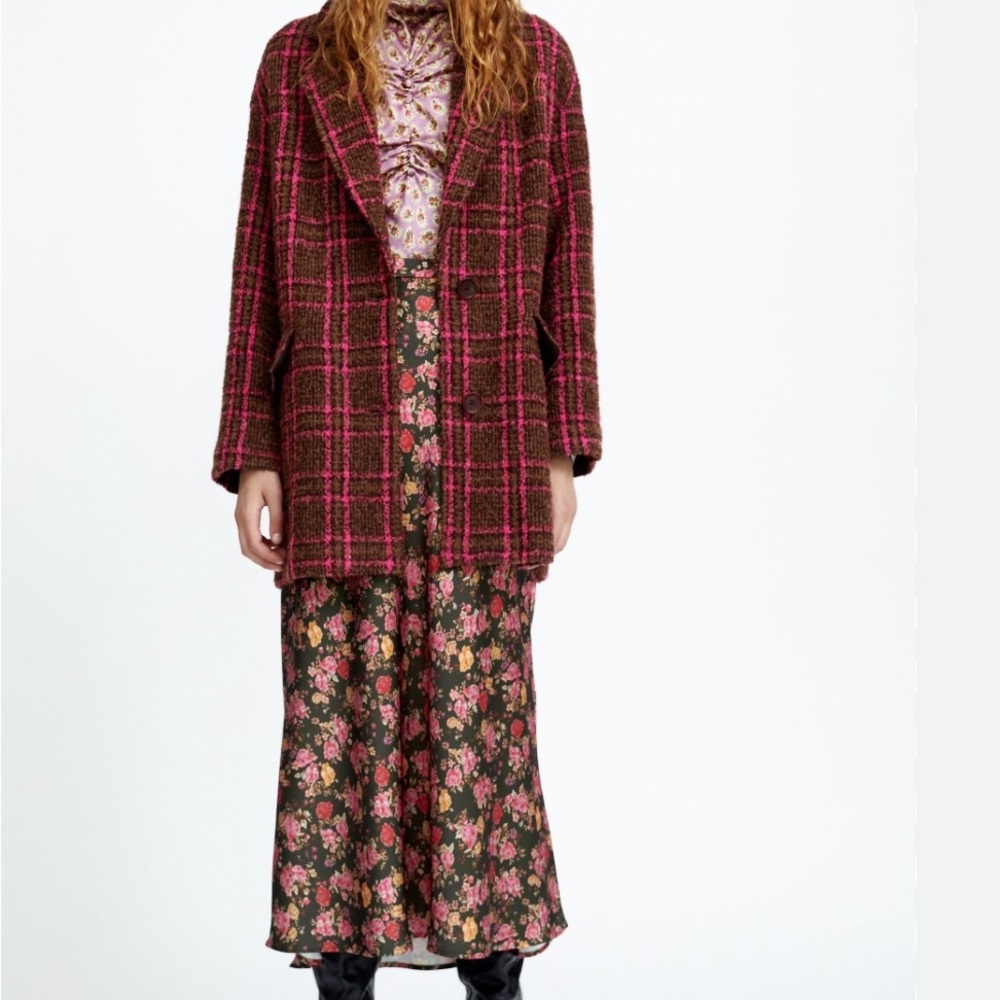 ZARA Oversized Pink & Brown Checked Plaid Wool Blend Blazer Coat Jacket Size M